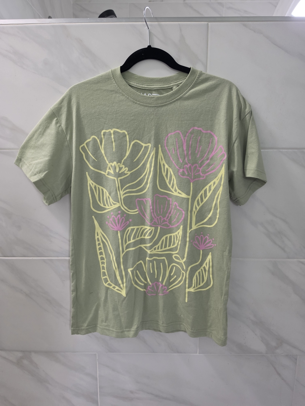 Light Sage Floral Graphic Tee with Yellow & Pink Blooms